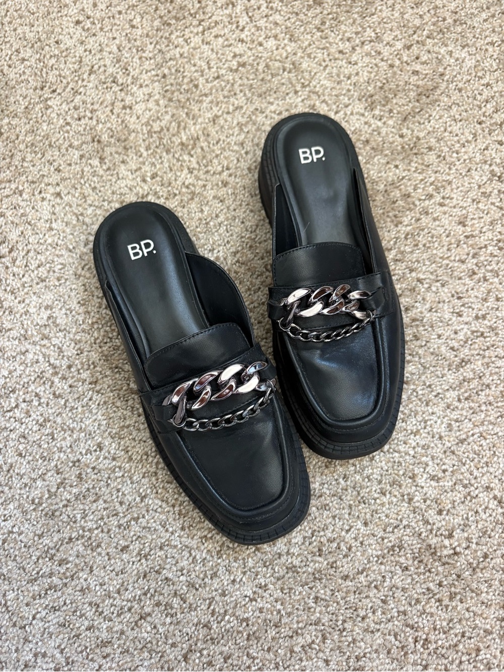 bp Black Slip-On Mules with Silver Chain Accent